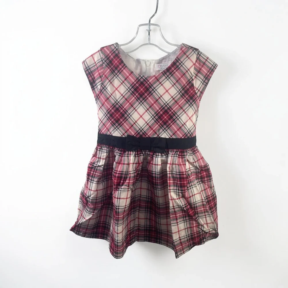 The Childrens Place Girls 3T Red Plaid Holiday Party Dress Cap Sleeve Bow Waist